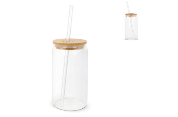 Glass with bamboo lid &amp; straw 450 ml