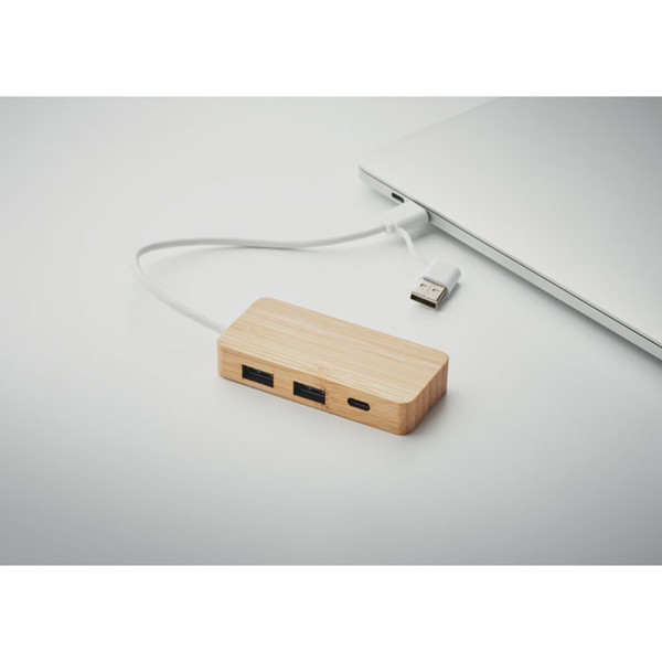 Hubbam bamboo USB hub, 3 vhodi, 20 cm kabel