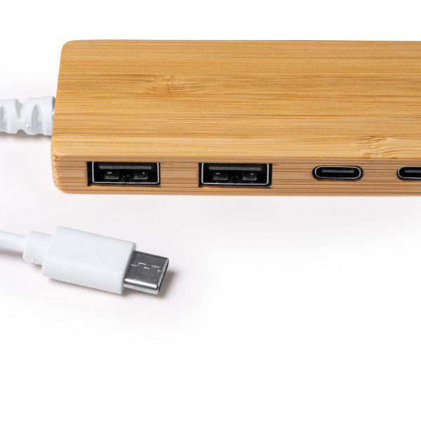 Hub USB personalizado de bambú con 2 puertos USB y 2 puertos Tipo C