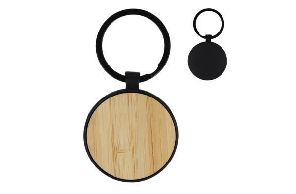 Bamboo and metal keychain round