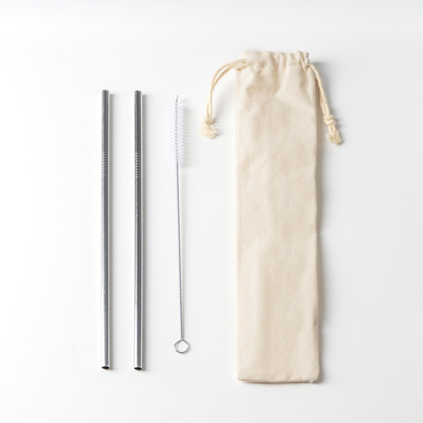 Reusable stainless steel straw set with custom cotton pouch