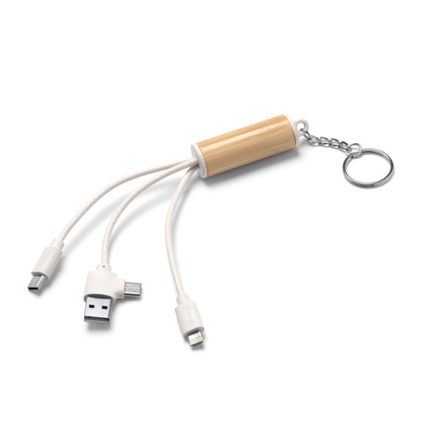 Personalised 4-in-1 charging cable in bamboo and wheat fibre with key ring loop