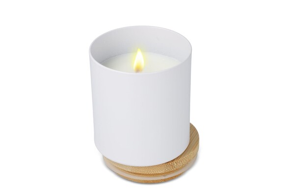 Bougie végétale parfumée Bhakti dans un pot en aluminium recyclé - Blanc