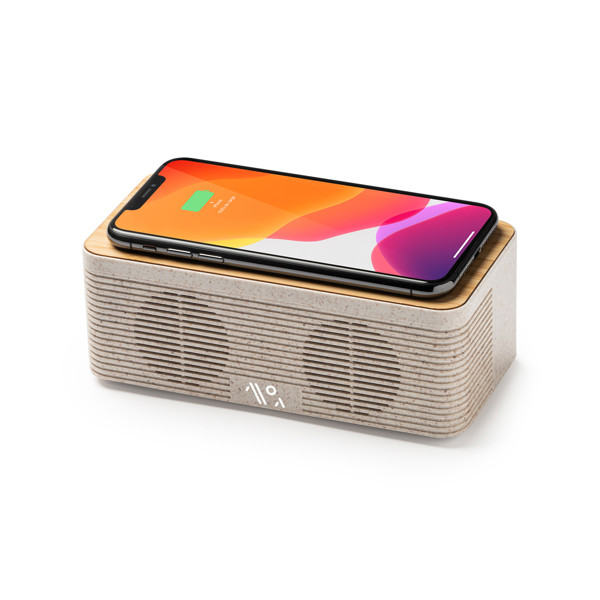 Altavoz inalámbrico personalizado de fibra de trigo y bambú 5W con carga inalámbrica 10W