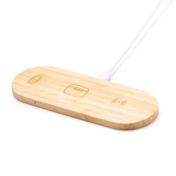 Cargador inalámbrico 3 en 1 personalizado de bambú 15W con indicadores luminosos