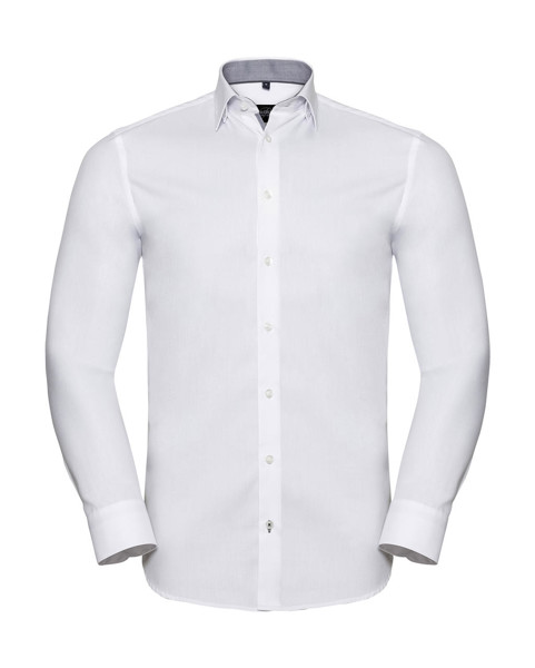 Tailored Contrast Herringbone ShirtLS - White / Silver / Convoy Grey / L