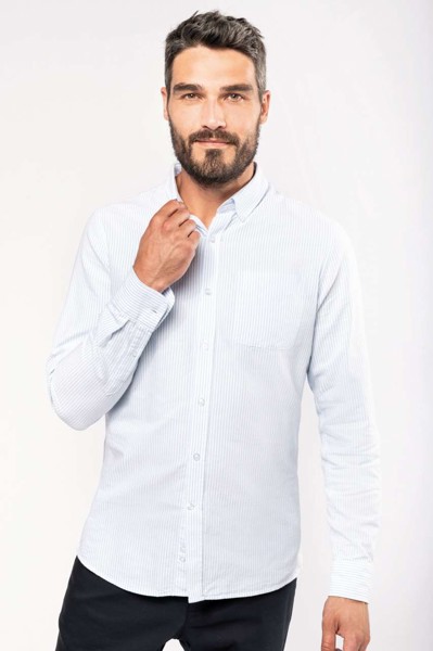Long-Sleeved Washed Oxford Cotton Shirt - Striped White / Oxford Blue / 3XL