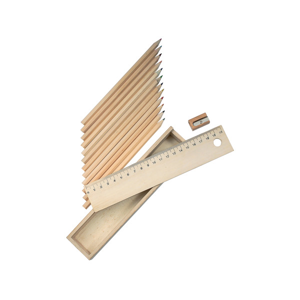 Set Aus 12 Farbigen Sechseckigen Holzstiften Mit Holzlineal Und Spitzer