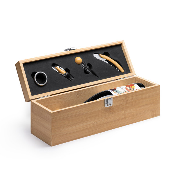 Personalised bamboo wine gift set with sommelier accessories
