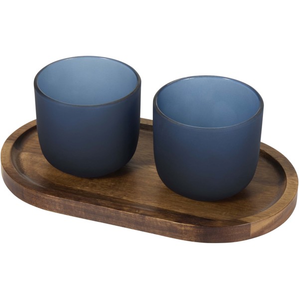 Male Set aus Holztablett und Glastassen - hale blau
