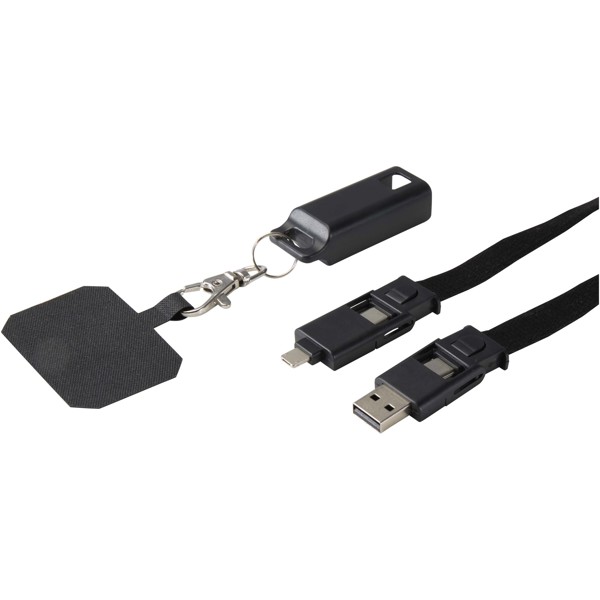 Tour de cou pour smartphone Franz en plastique recyclé avec synchronisation des données intégrée et câble 5 en 1 pour charge rapide de 65 W - Noir