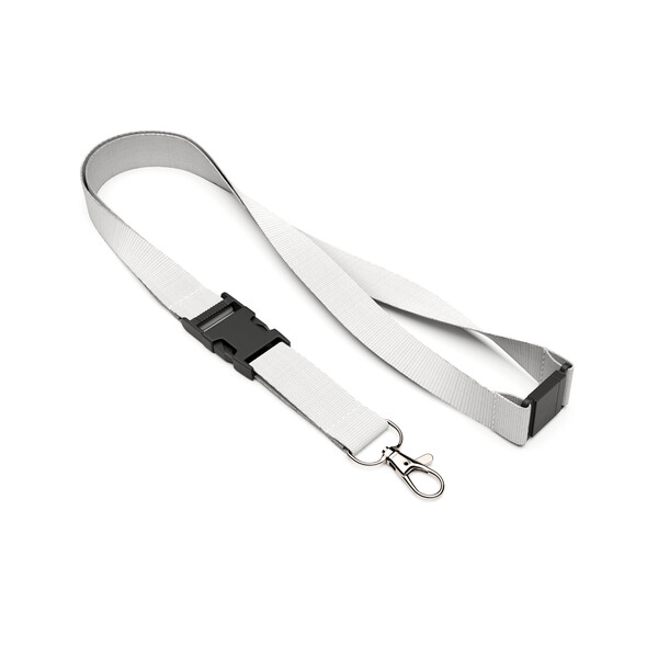 Abnehmbares Polyester-Lanyard mit Pantone Siebdruck - Weiß / 20mm Breite / Metallkarabiner / Sicherheitsverschluss