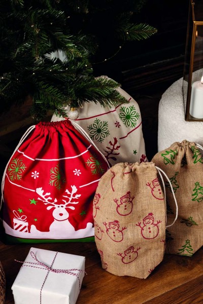 Drawstring Bag With Christmas Patterns - Cherry Red