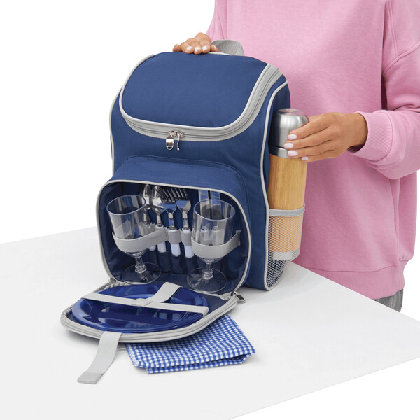 Picnic backpack for 2 persons OUTSIDE - blue / grey