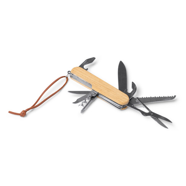 Personalized multitool pocket knife bamboo and stainless steel 9 functions with faux leather pouch