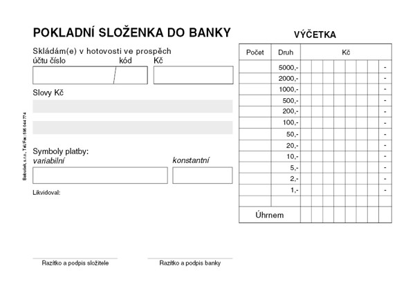 Pokladní Složenka Do Banky A6