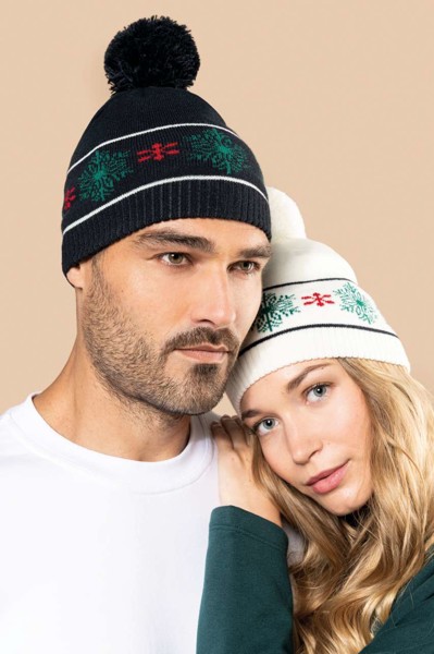Beanie With Christmas Patterns - Off White