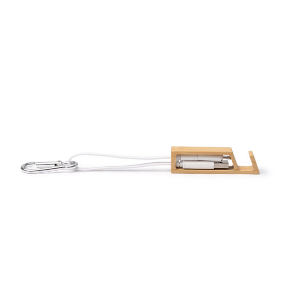 4-in-1 personalised charging cable with bamboo smartphone stand and carabiner