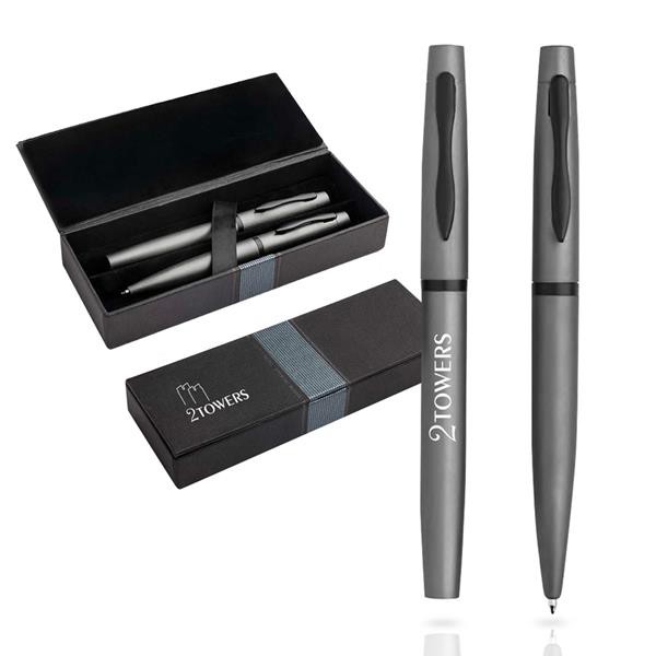 Conjunto De Esferográfica E Roller Em Metal, Estojo De Oferta - Azul Royal