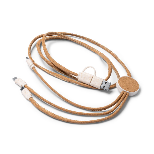 Cable cargador 5 en 1 personalizado de corcho y fibra de trigo 125 cm con conectores Tipo C, Micro USB y Lightning