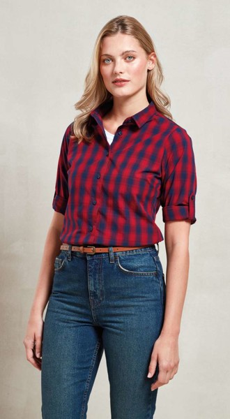 'Mulligan' Check - Women's Long Sleeve Cotton Shirt - White / Navy / L