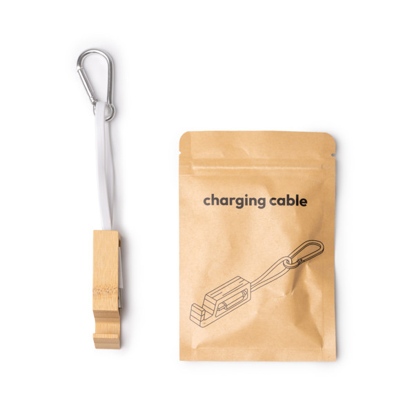 4-in-1 personalised charging cable with bamboo smartphone stand and carabiner