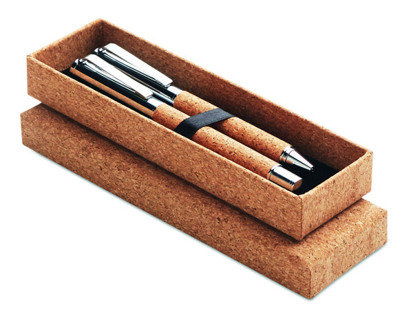 Metal Ball pen set in cork box Quercus