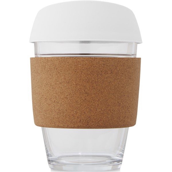 Gobelet Lidan de 360 ml en verre borosilicate avec grip en liège et couvercle en silicone - Blanc