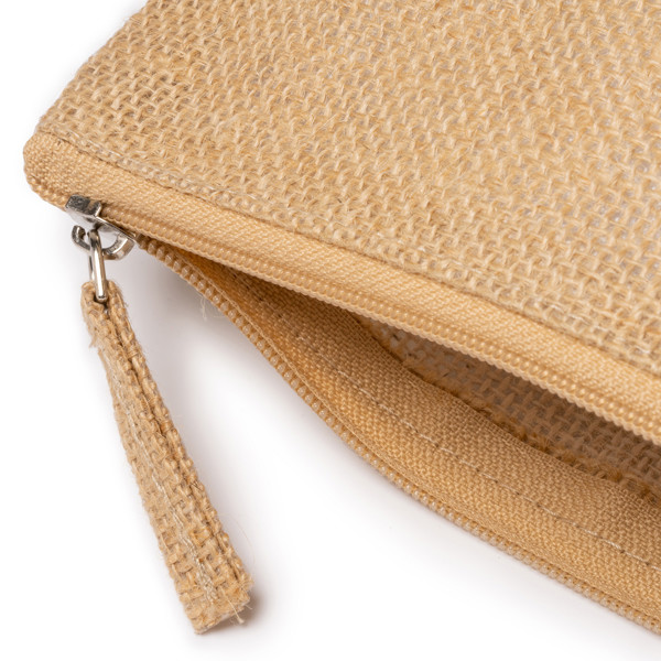 Personalised jute toiletry bag with matching zip and puller