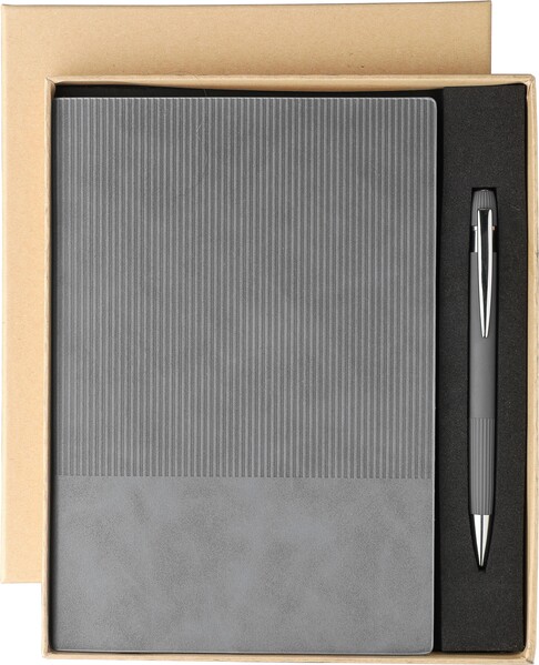 Gerecycled PU-notitieboek (A5) en balpenset Tarek - grijs