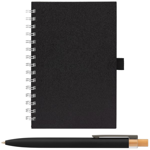 Set carnet Terra A5 à spirales, couverture rigide en carton de lait recyclé & stylo Reborn - Noir / Jet d’encre 4 couleurs
