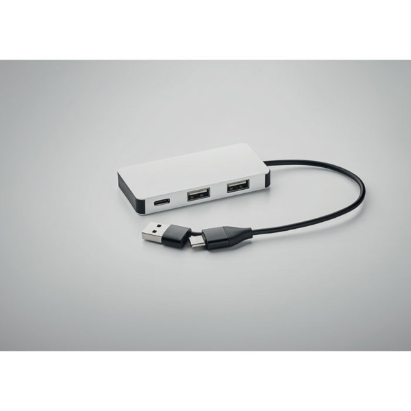 Hub-C USB zvezdišče 3 vrata, recikliran aluminij, 20 cm kabel - Silver