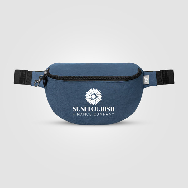 Sac banane Helsinki, rPET, fermeture zippée avec crochet antivol, 2 L - Bleu marine / Sérigraphie