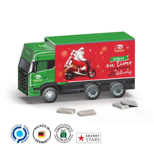 Adventskalender Lkw, Weiß / 24 Alpenmilch-Schokotäfelchen, 72 G