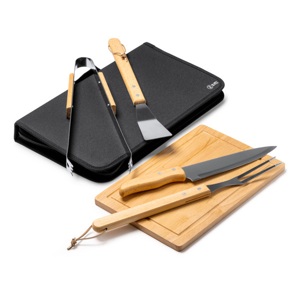 Set de barbacoa personalizado de acero inoxidable y madera con 5 piezas y funda de RPET