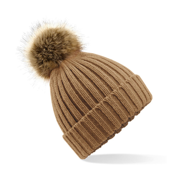 Fur Pop Pom Chunky Beanie - Biscuit / ONE SIZE