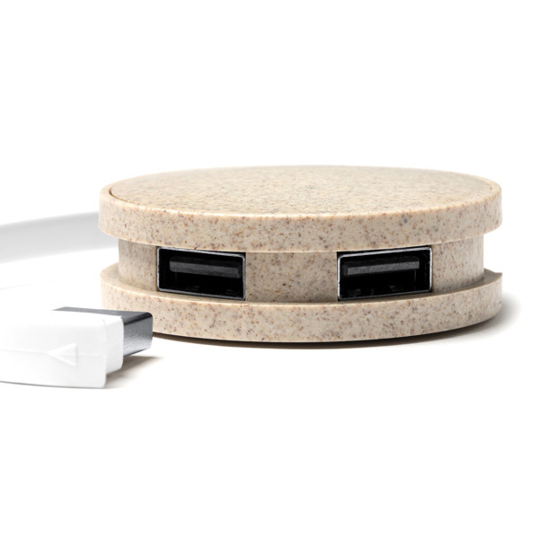 4-port USB hub personalised wheat straw with integrated cable