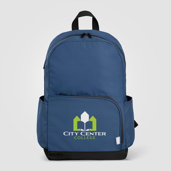 Sac à dos Kora, double poche, fermeture éclair dorée, rPET, 38 cm - 20 L - Bleu marine / Sérigraphie
