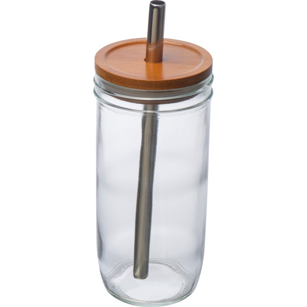 Glass mug with bamboo lid and straw BENEDYKT - Transparent