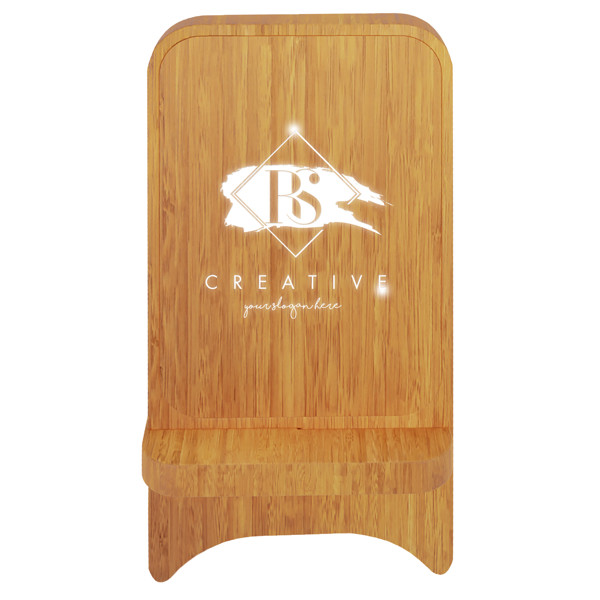 Socle de téléphone SCX.design W26 pour chargement à induction, en bambou, de 10 W avec logo lumineux