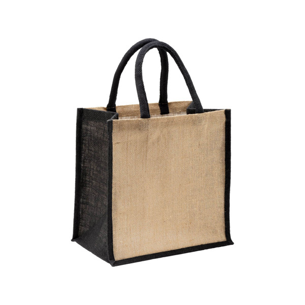 Mini Jute Shopping Bag With Colored Handles And Inserts - Black