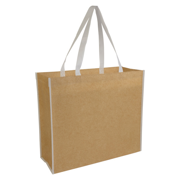 Not Woven Laminated Shopping Bag With Long Colored Handles And Gusset - White