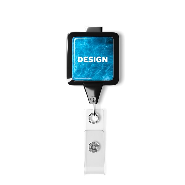 Retractable badge reel in square shape with 2.5cm2 logo - Black