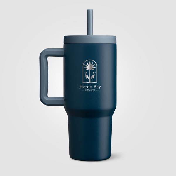 Mug et gobelet GROSCHE Aspen isotherme 2-en-1 en acier inoxydable avec paille – 945 ml - Bleu de Minuit / Sérigraphie