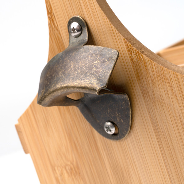 Personalised bamboo bottle holder for 6 bottles with built-in opener