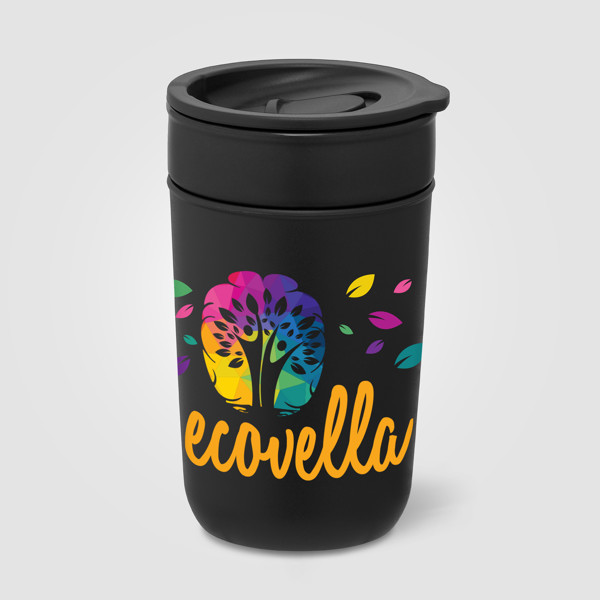 Danube - Gobelet en céramique de 355 ml avec extérieur et couvercle en plastique recyclé - Noir / Sérigraphie