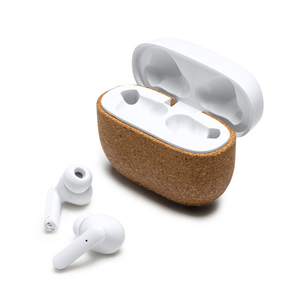 Wireless earbuds personalised in recycled ABS and cork with charging case