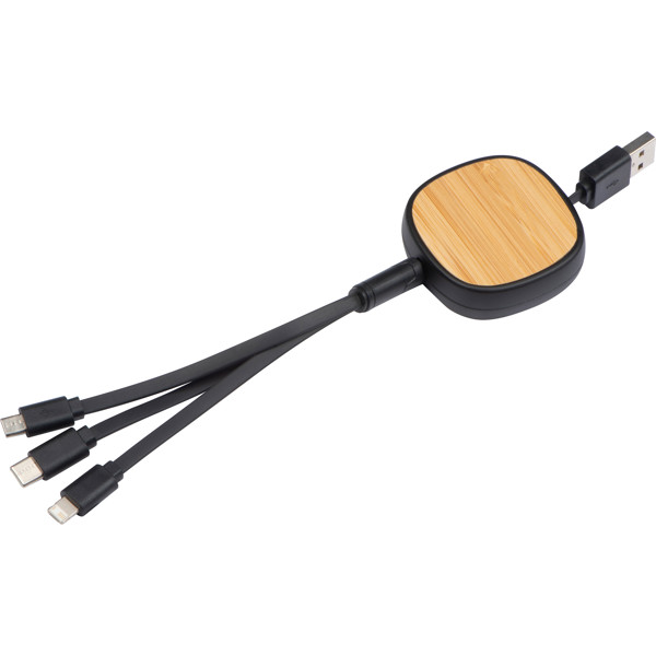 retractable charging cable with bamboo decoration JUDY - Black