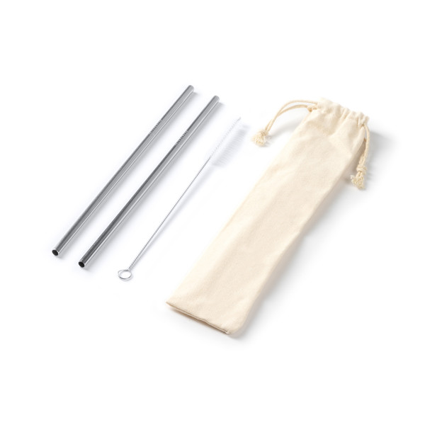 Reusable stainless steel straw set with custom cotton pouch