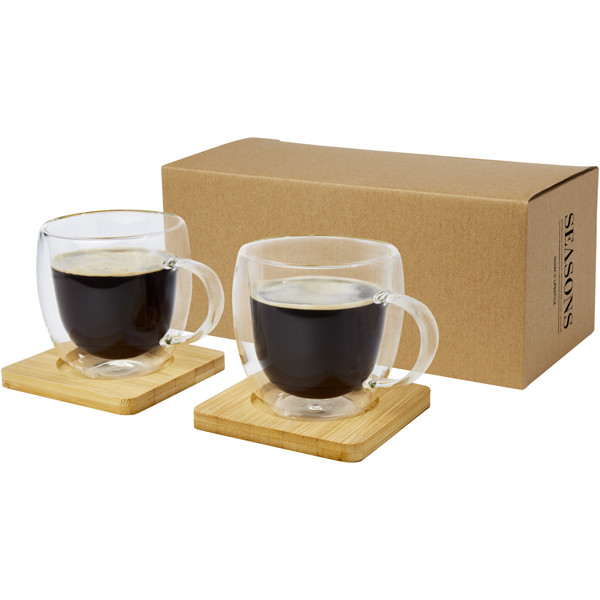 Tasse Manti 2 pièces en verre à double paroi de 250 ml avec sous-verre en bambou